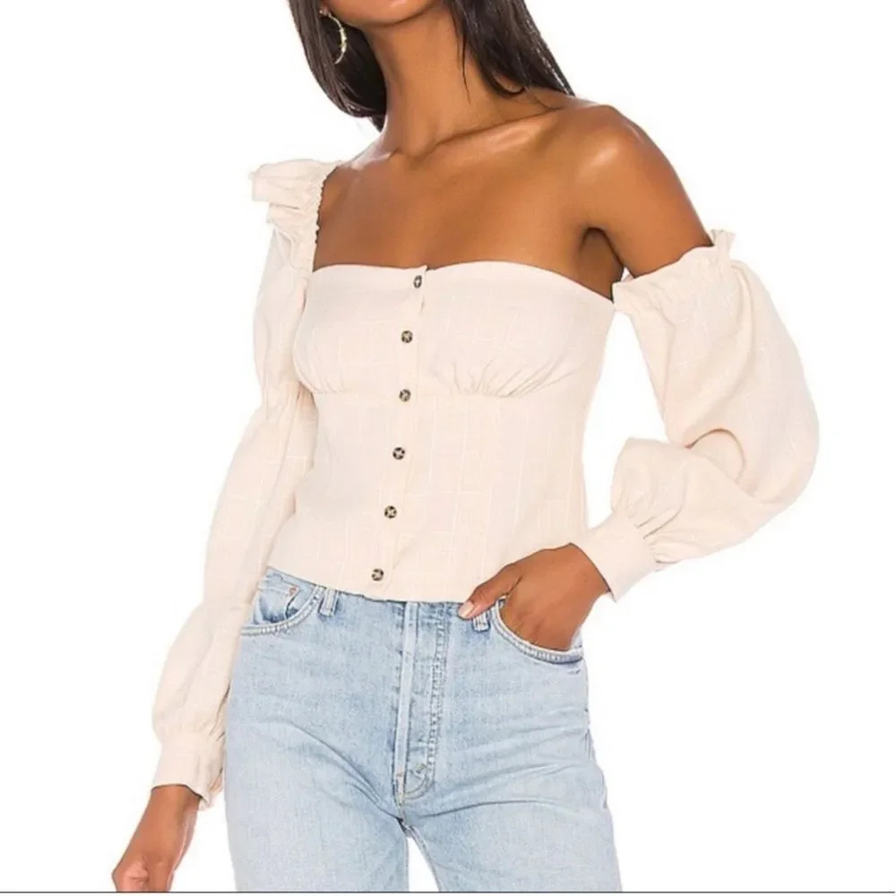 Song Of Style Emery Top One Shoulder Ruffle Beige Check